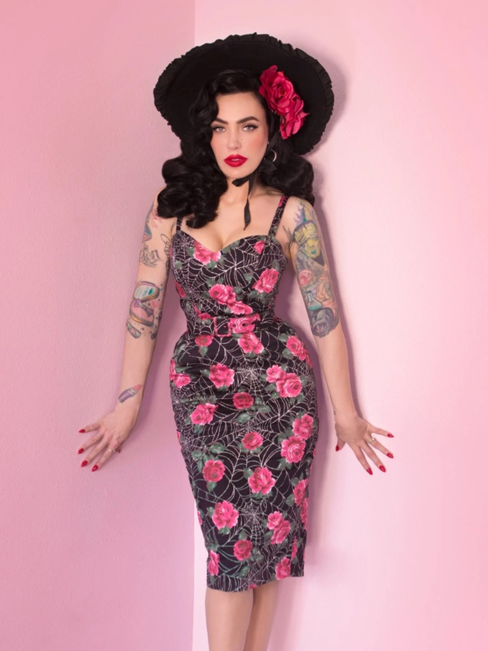 Vixen Micheline Pitt 97% cotton dress Vanity Fair retro pink floral